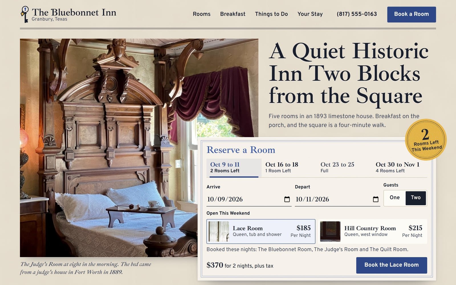 The Bluebonnet Inn, a demo for a made-up inn in Granbury: its home page.