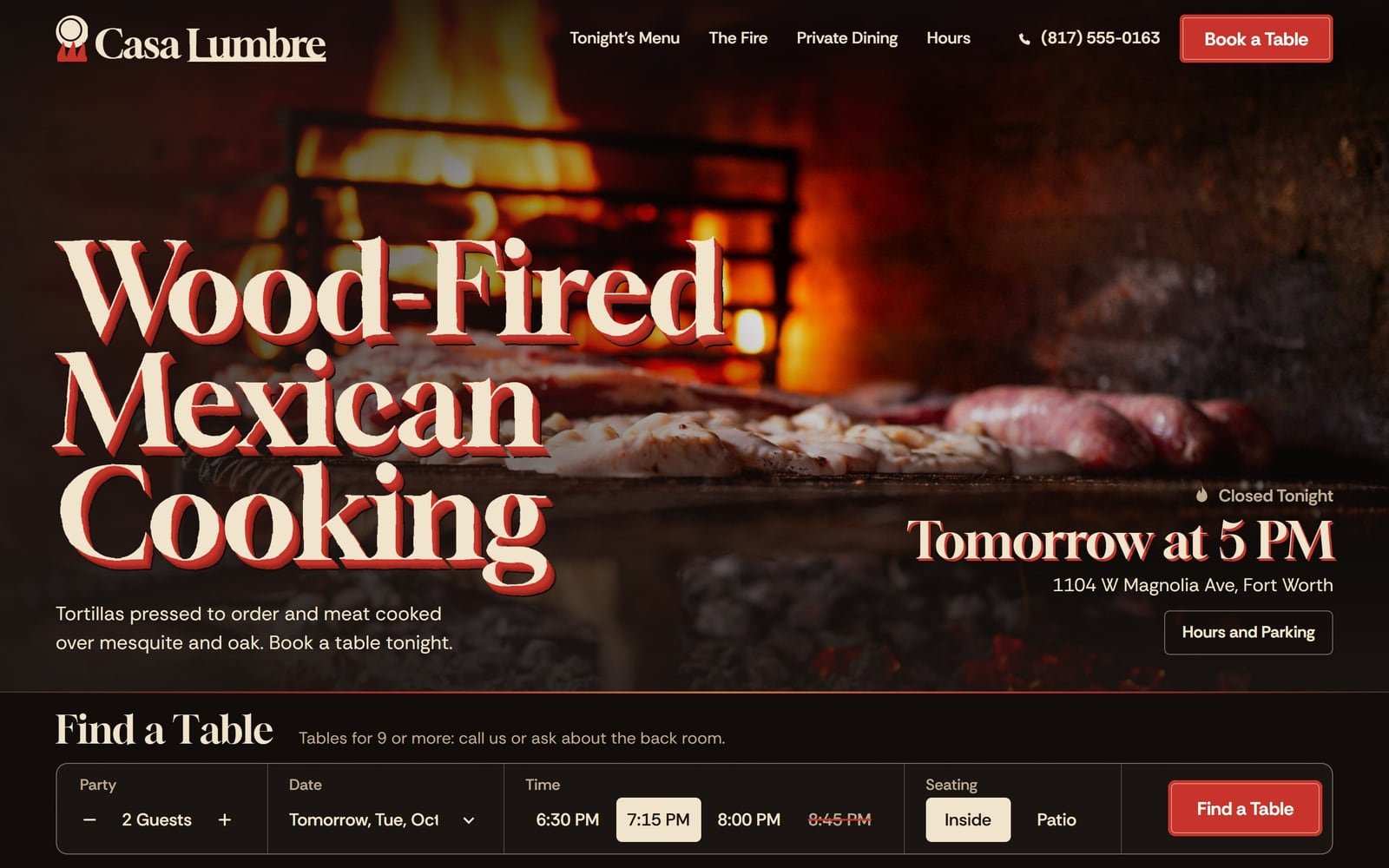 Casa Lumbre, a demo for a made-up restaurant in Fort Worth: its home page.