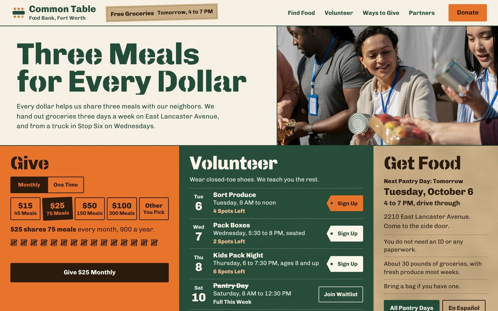 Common Table Food Bank, a demo site, at computer size.