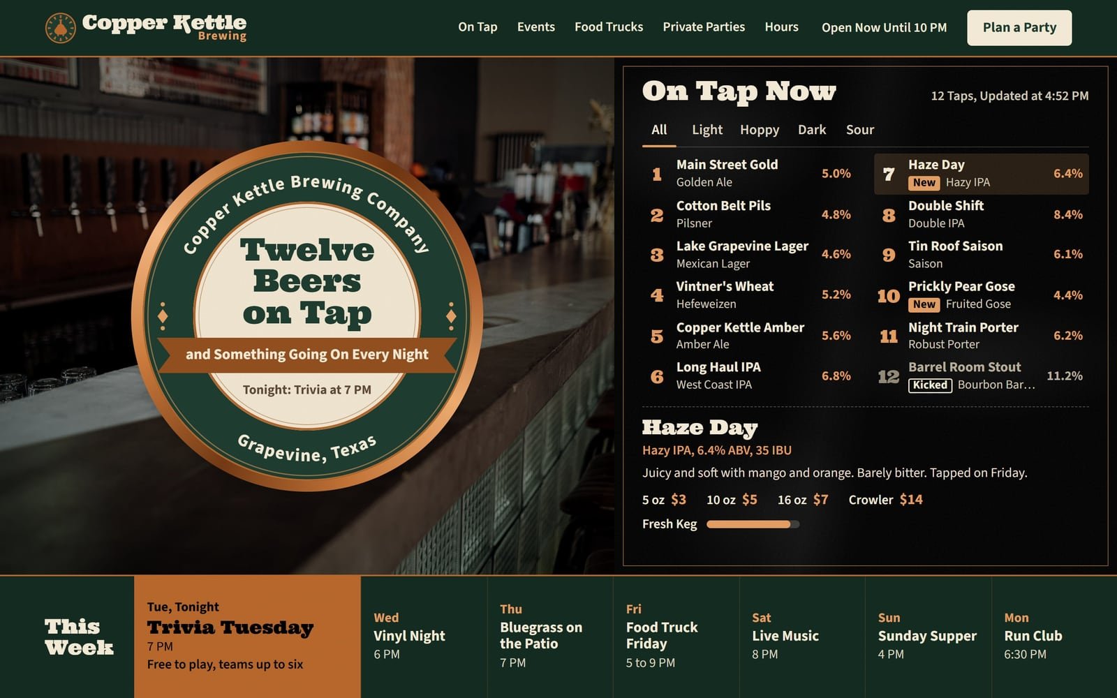Copper Kettle Brewing, a demo for a made-up brewery in Grapevine: its home page.