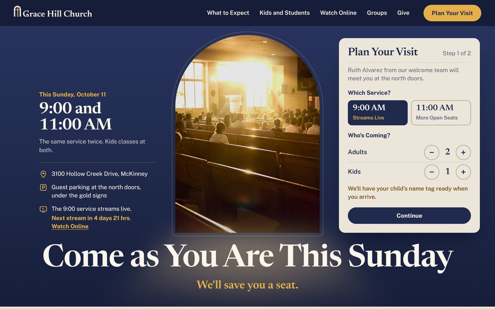 Grace Hill Church, a demo for a made-up church in McKinney: its home page.