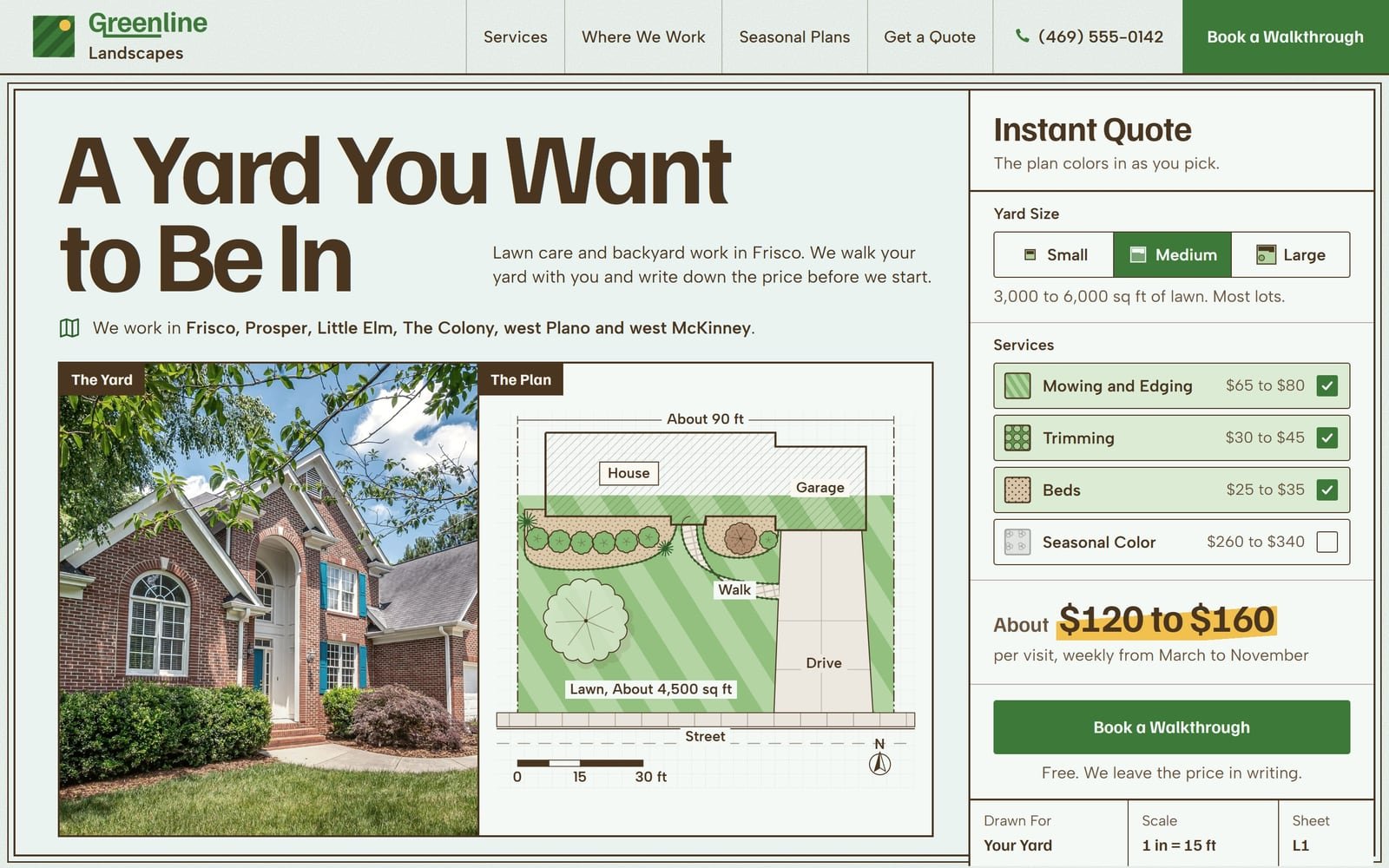 Greenline Landscapes, a demo for a made-up landscaping company in Frisco: its home page.