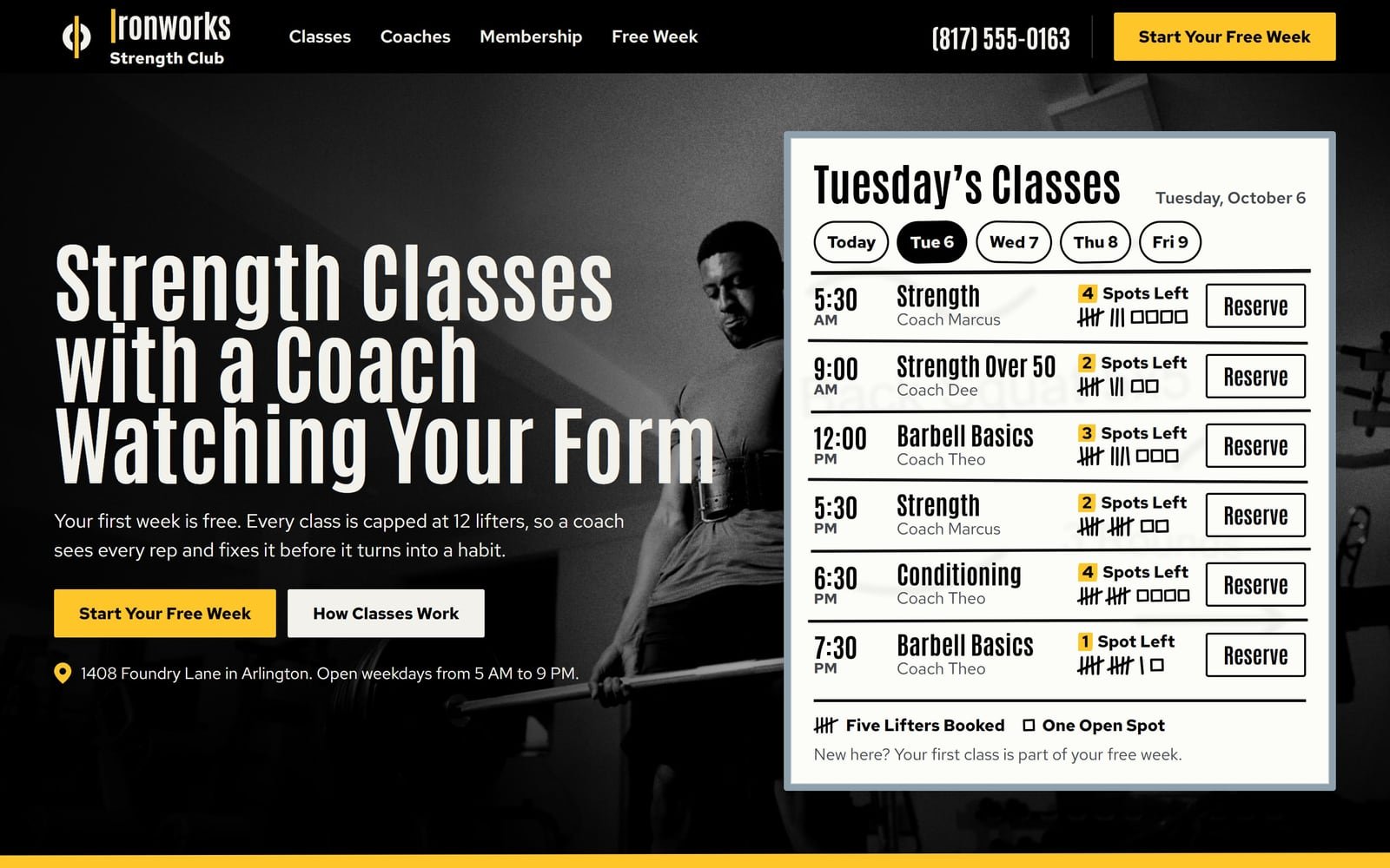 Ironworks Strength Club, a demo for a made-up strength gym in Arlington: its home page.