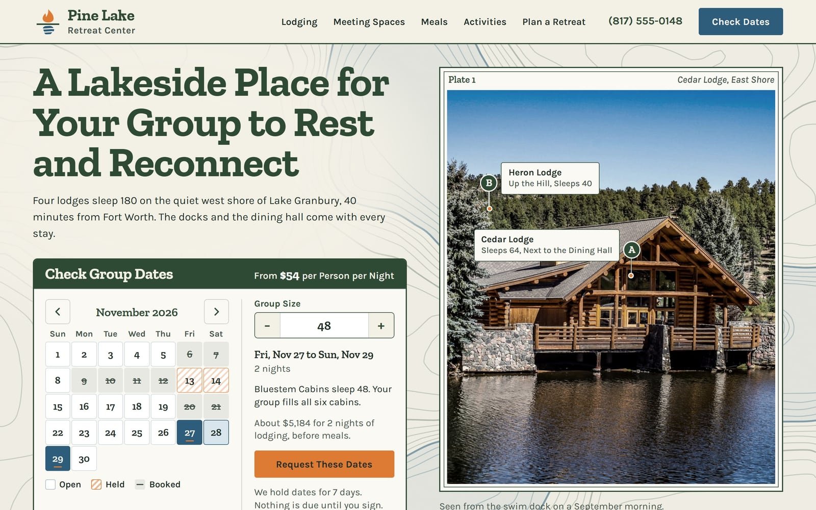 Pine Lake Retreat Center, a demo for a made-up retreat center in Granbury: its home page.