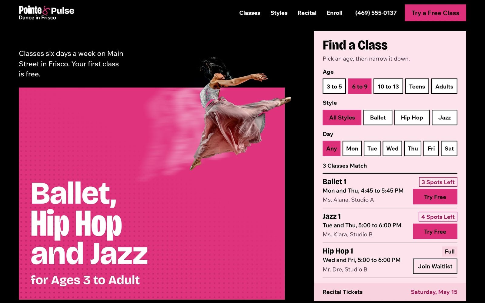 Pointe & Pulse Dance, a demo for a made-up dance studio in Frisco: its home page.
