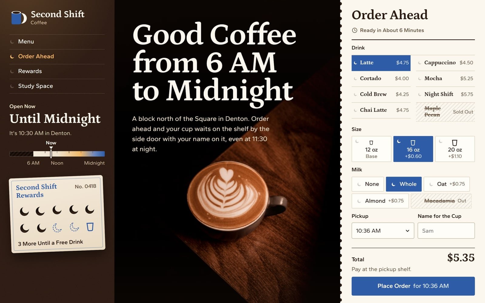 Second Shift Coffee, a demo for a made-up coffee shop in Denton: its home page.