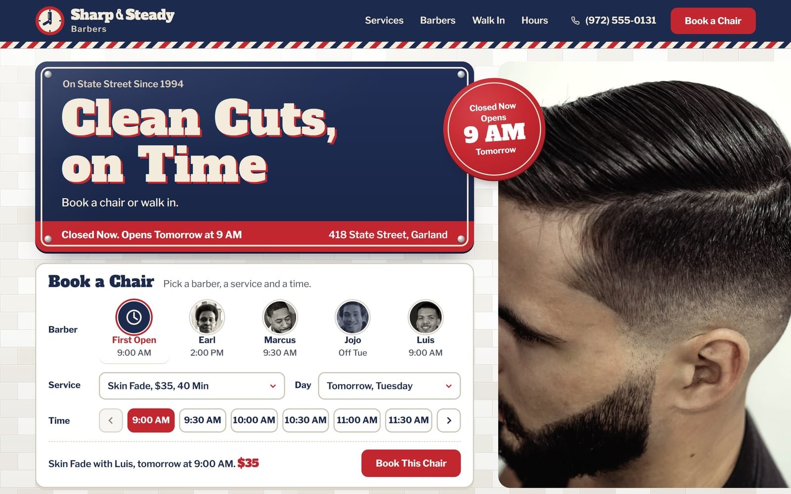 Sharp & Steady Barbers, a demo for a made-up barbershop in Garland: its home page.