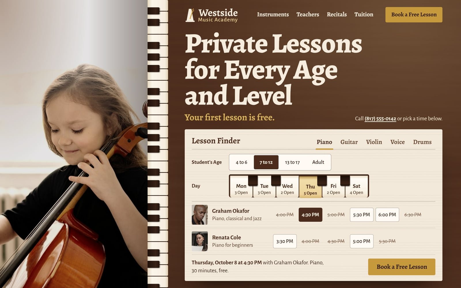 Westside Music Academy, a demo for a made-up music school in Fort Worth: its home page.