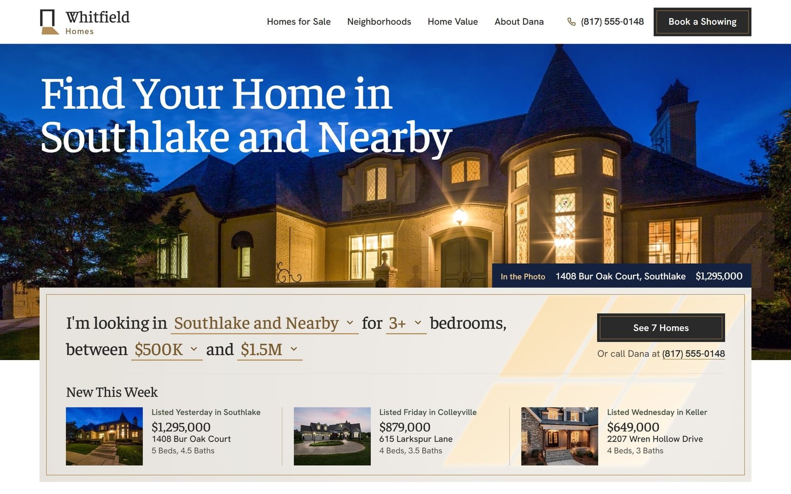 Whitfield Homes, a demo for a made-up real estate agent in Southlake: its home page.