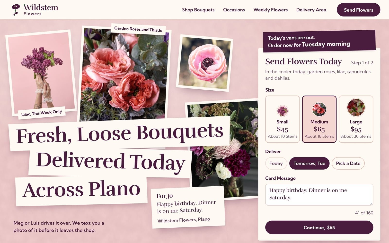 Wildstem Flowers, a demo for a made-up flower shop in Plano: its home page.
