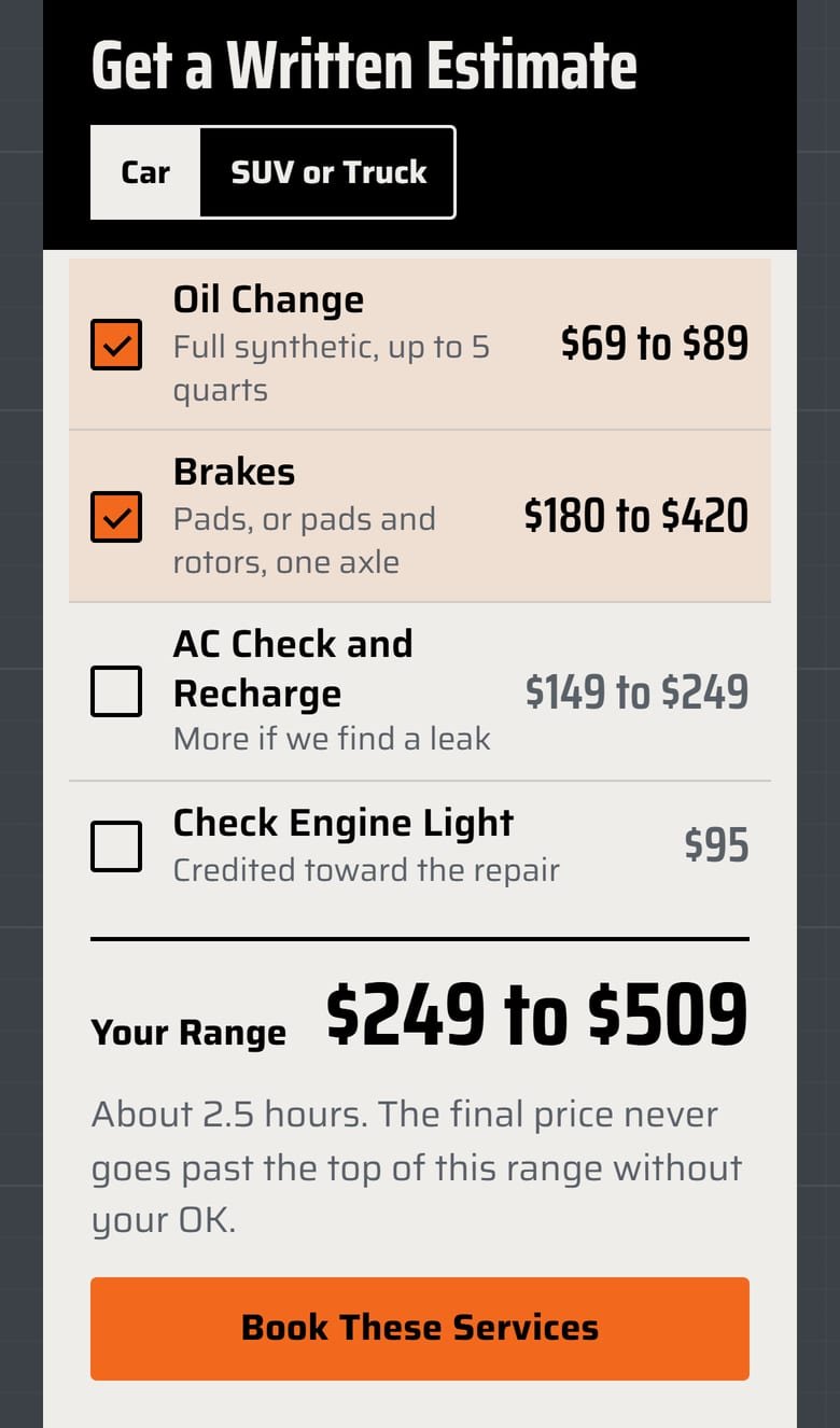 The Written Estimate on Dalton Auto Works’ site, at phone size.