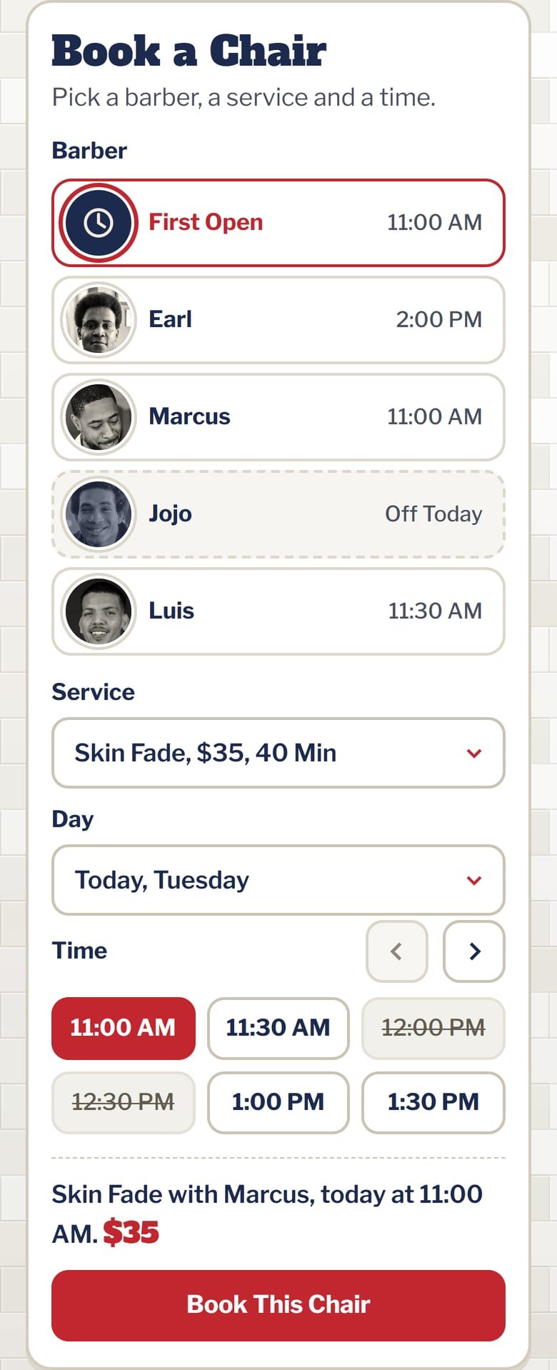 The Chair Booking on Sharp & Steady Barbers’ site, at phone size.