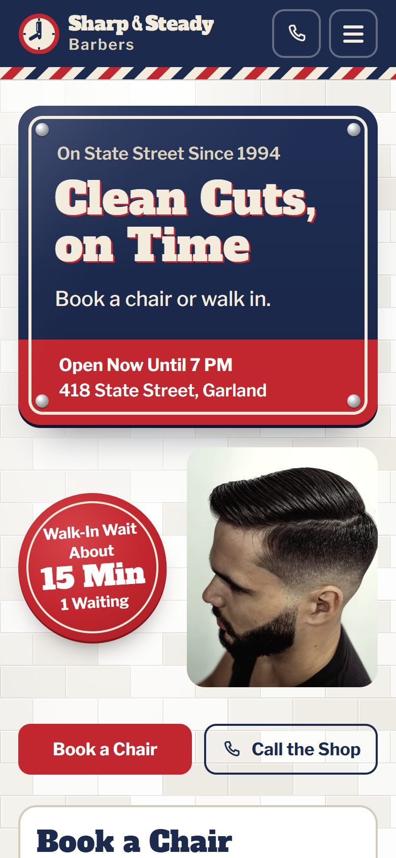 Sharp & Steady Barbers, a demo site, at phone size.