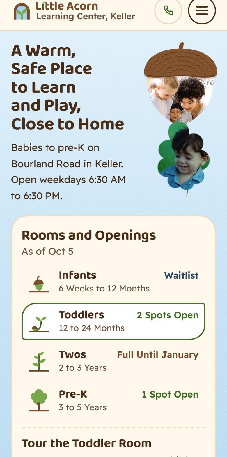 The Rooms and Openings on Little Acorn Learning Center’s site, at phone size.