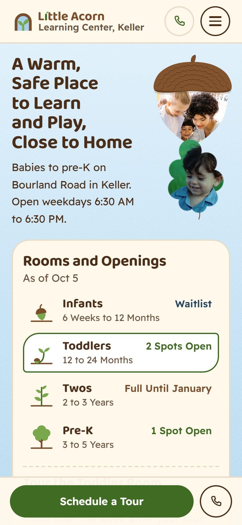 Little Acorn Learning Center, a demo site, at phone size.