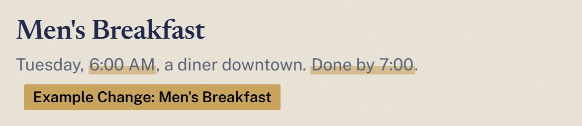 Grace Hill Church, after the change: The Men’s Breakfast line on the site moves to 6:00 AM, done by 7:00.