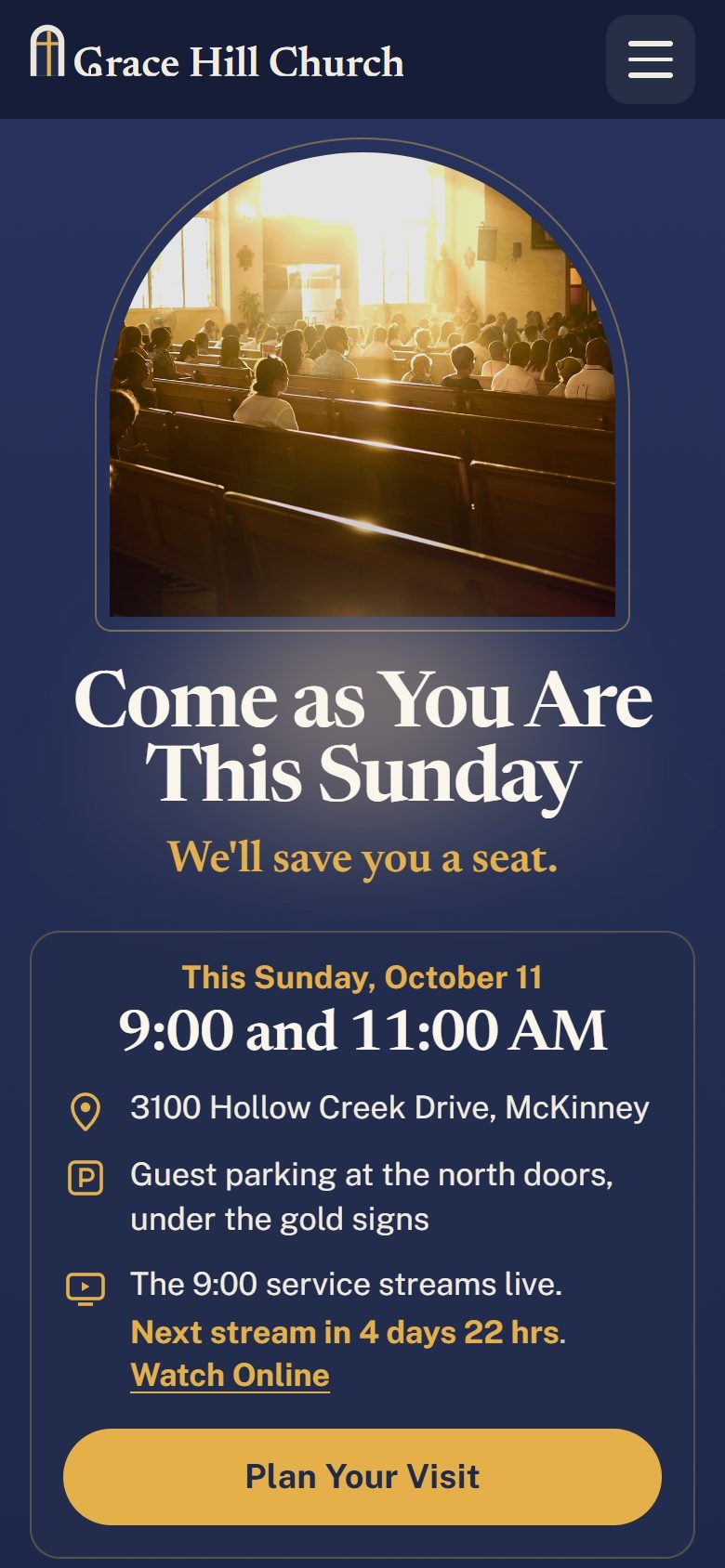 Grace Hill Church, a demo site, at phone size.