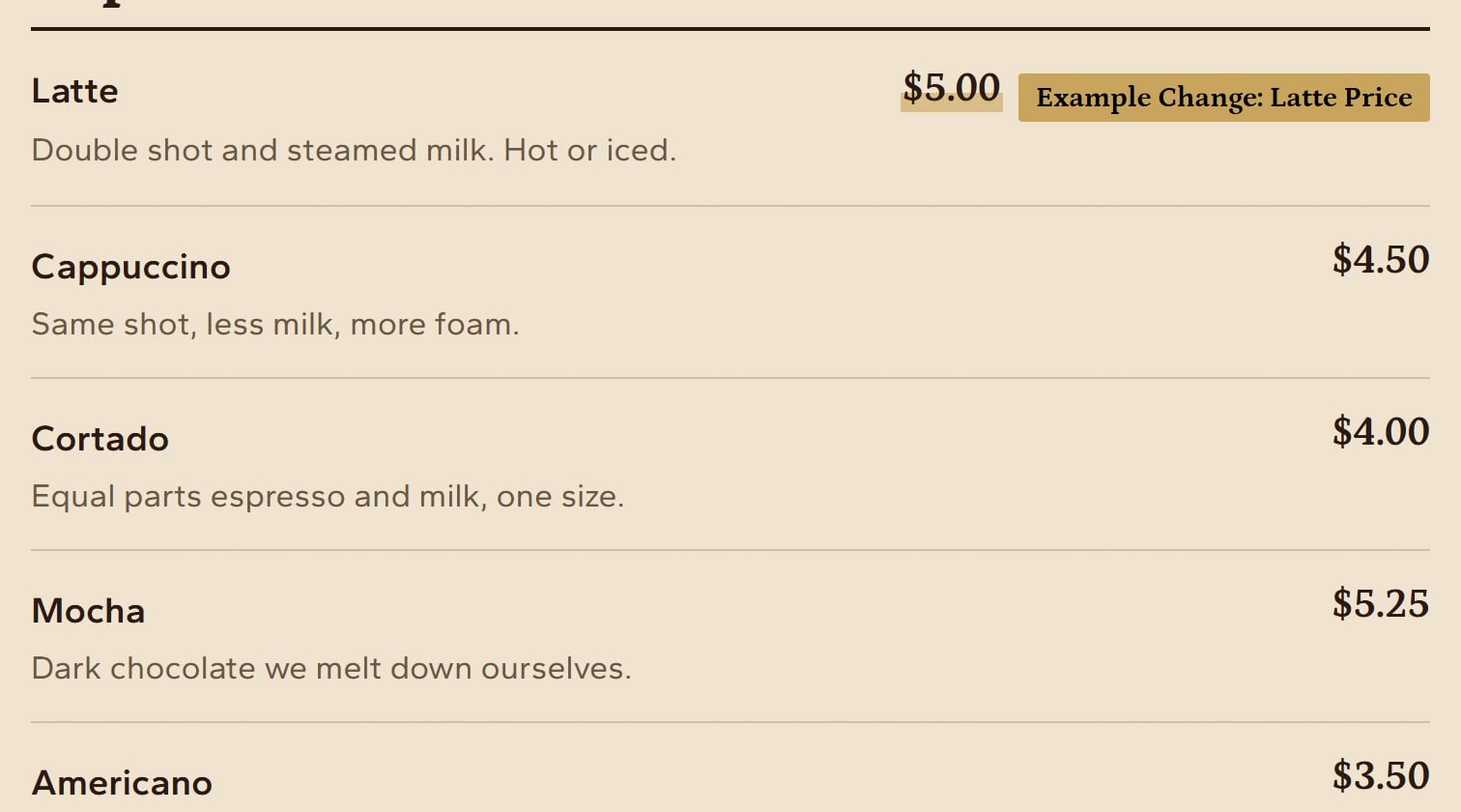 Second Shift Coffee, after the change: The Latte price on the menu changes from $4.75 to $5.00.