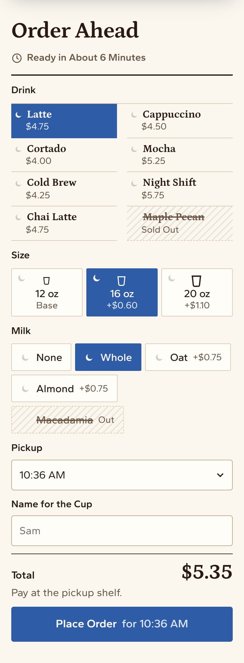 The Order Ahead on Second Shift Coffee’s site, at phone size.