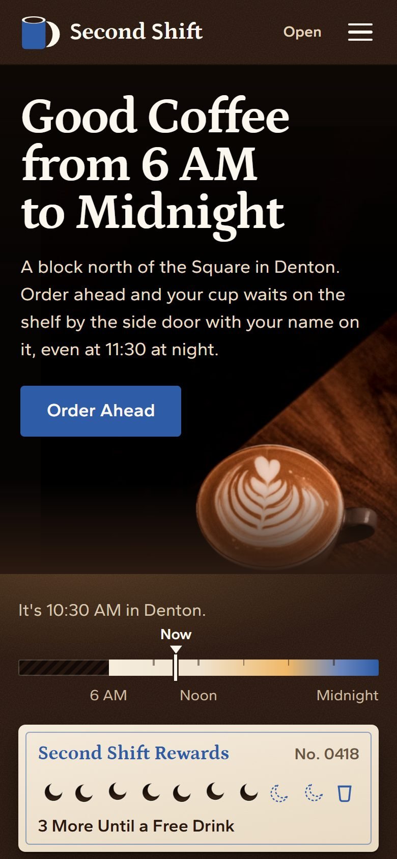 Second Shift Coffee, a demo site, at phone size.