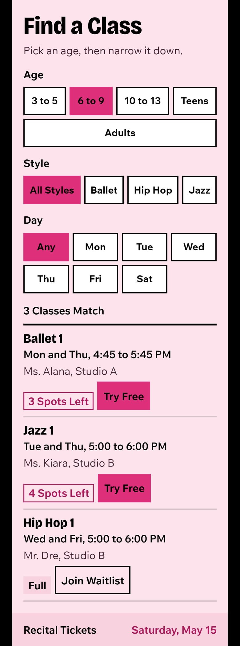 The Class Finder on Pointe & Pulse Dance’s site, at phone size.