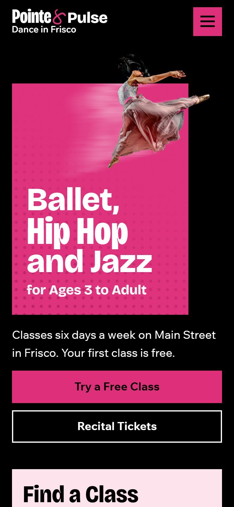 Pointe & Pulse Dance, a demo site, at phone size.