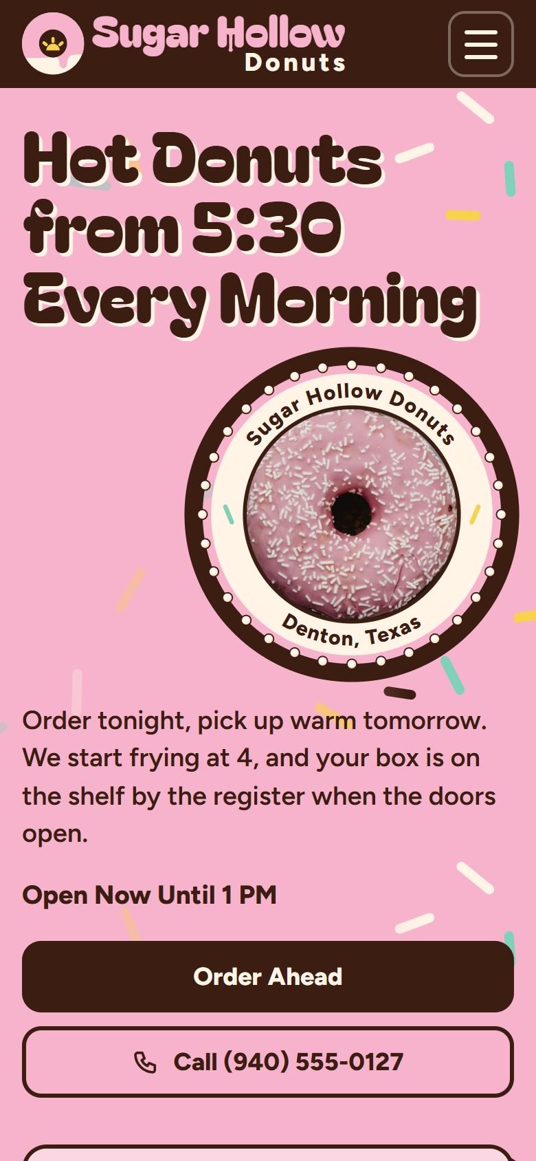 Sugar Hollow Donuts, a demo site, at phone size.