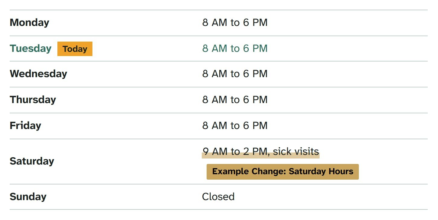 Cedar Ridge Family Medicine, after the change: Saturday in the hours table now runs from 9 AM to 2 PM.