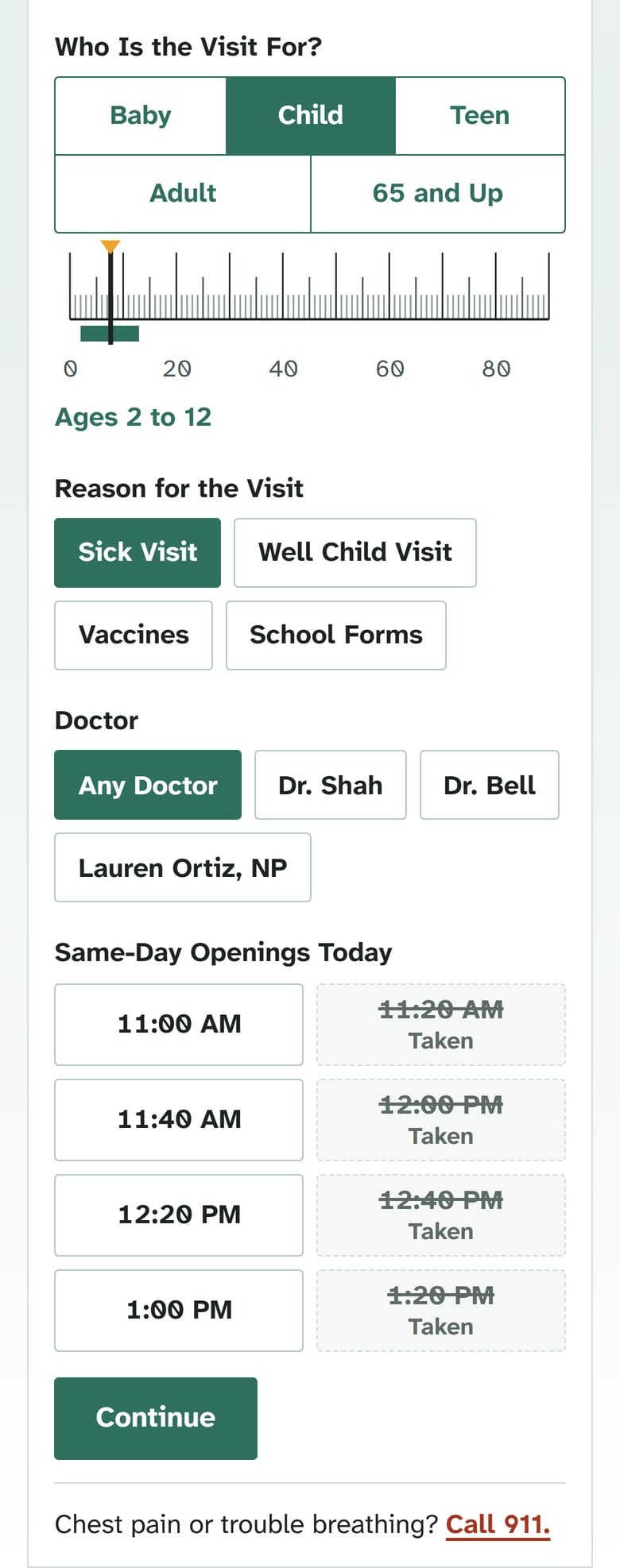 The Visit Request on Cedar Ridge Family Medicine’s site, at phone size.