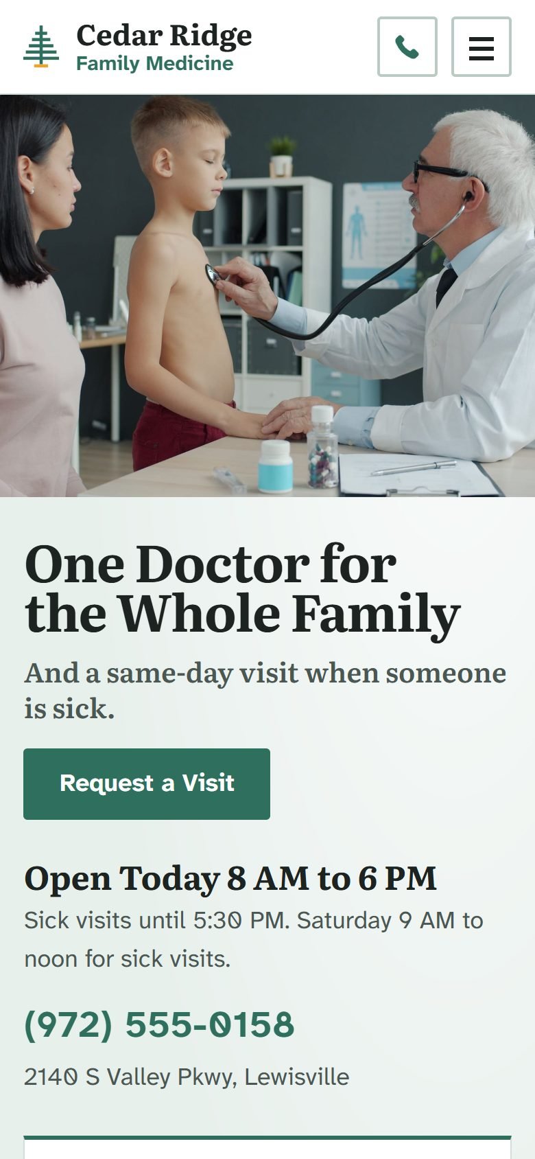 Cedar Ridge Family Medicine, its home page at phone size.