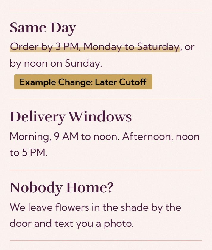 Wildstem Flowers, after the change: The Same Day rule in Delivery Area moves the Monday to Saturday cutoff from 2 PM to 3 PM.