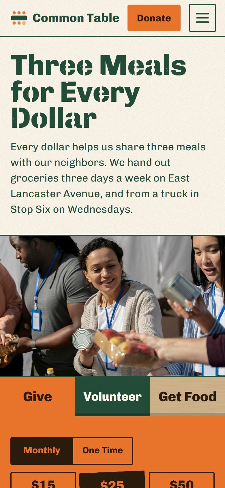 Common Table Food Bank, a demo site, at phone size.