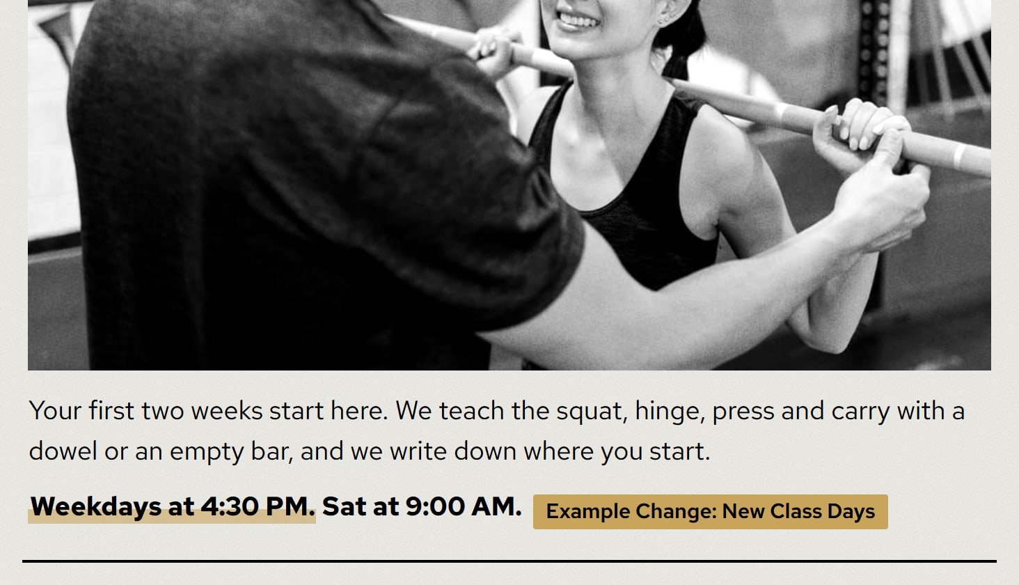 Ironworks Strength Club, after the change: The Foundations class times in the class list change to every weekday at 4:30 PM.
