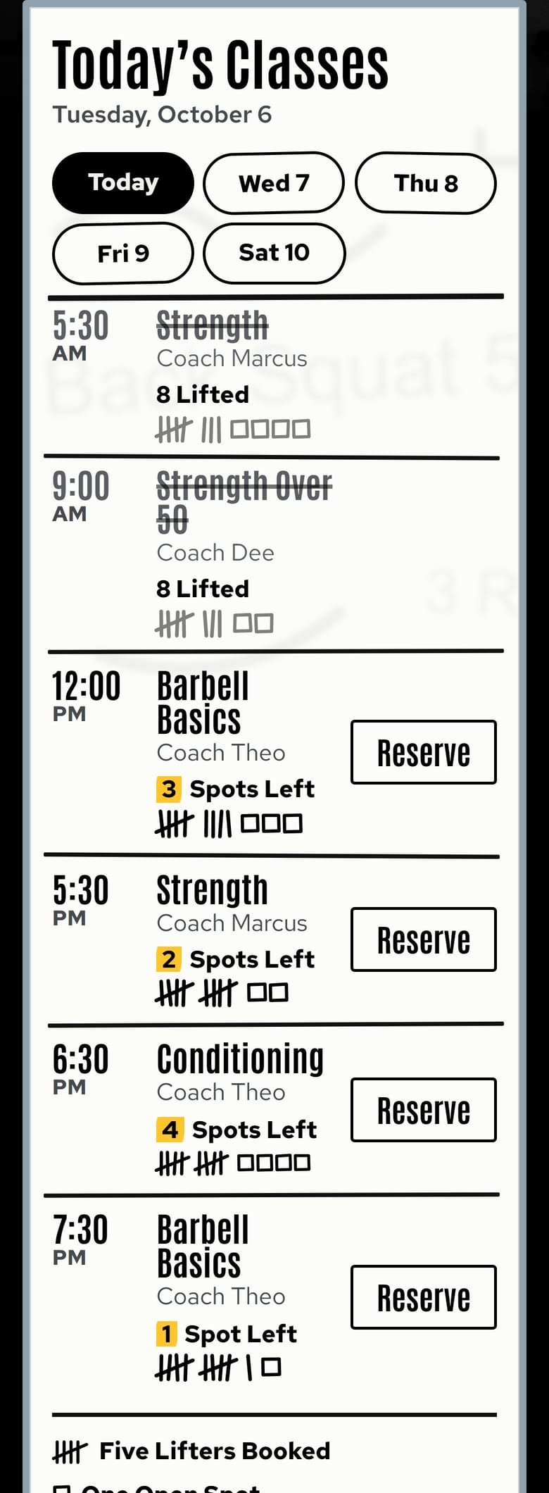 The Today’s Classes on Ironworks Strength Club’s site, at phone size.