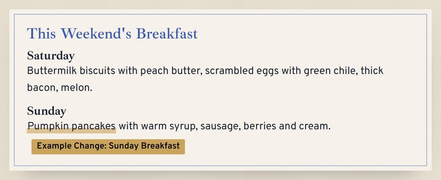 The Bluebonnet Inn, after the change: The weekend breakfast card shows pumpkin pancakes for Sunday.
