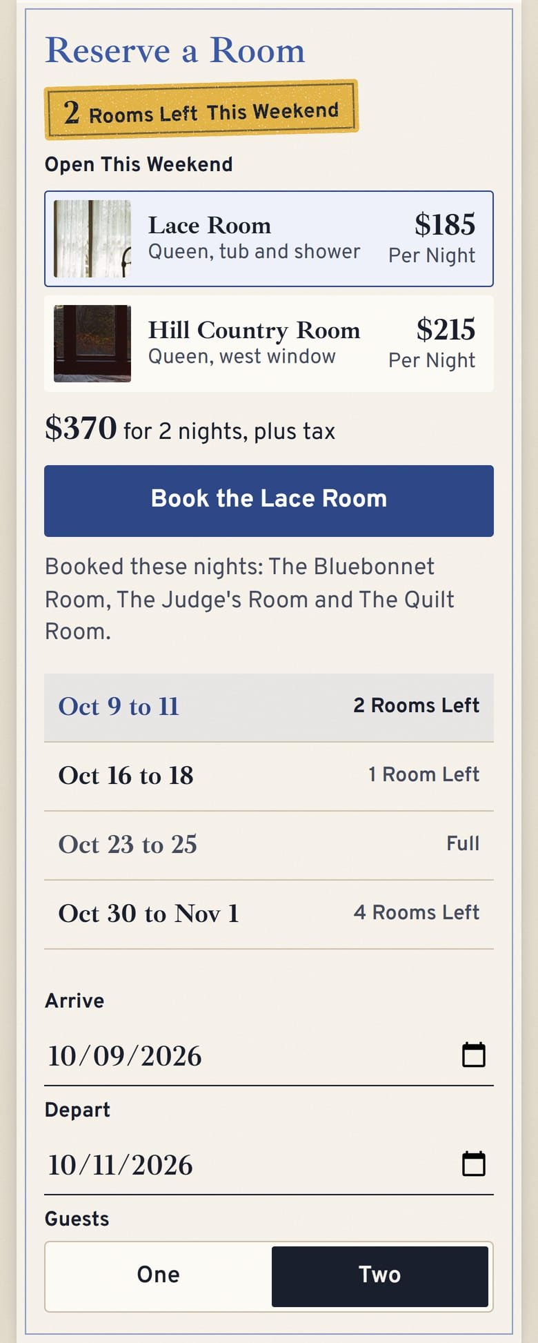 The Room Booking on The Bluebonnet Inn’s site, at phone size.