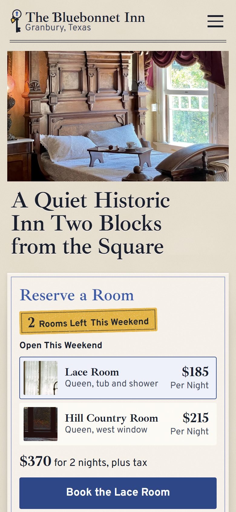 The Bluebonnet Inn, a demo site, at phone size.