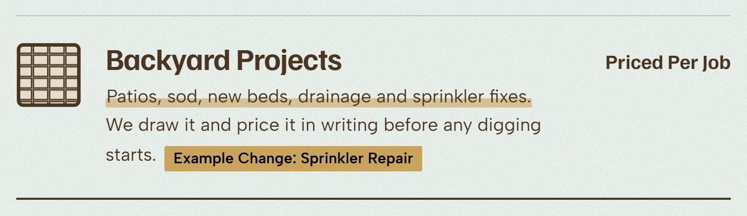 Greenline Landscapes, after the change: The Backyard Projects line on the services list adds sprinkler fixes.