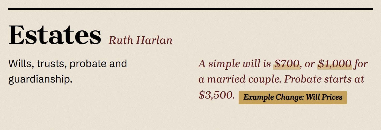 Harlan & Reyes, after: The Estates fee line shows the new prices for a simple will.