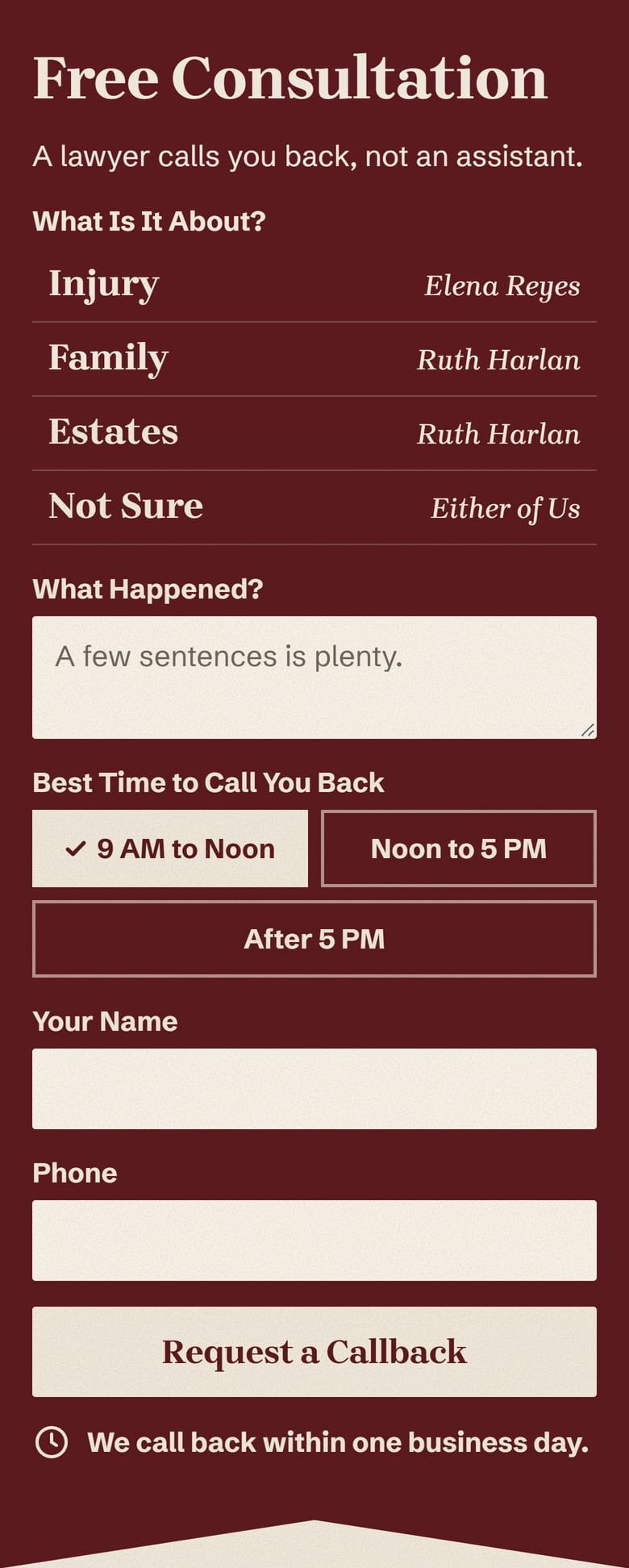 The Consultation Request on Harlan & Reyes’ site, at phone size.