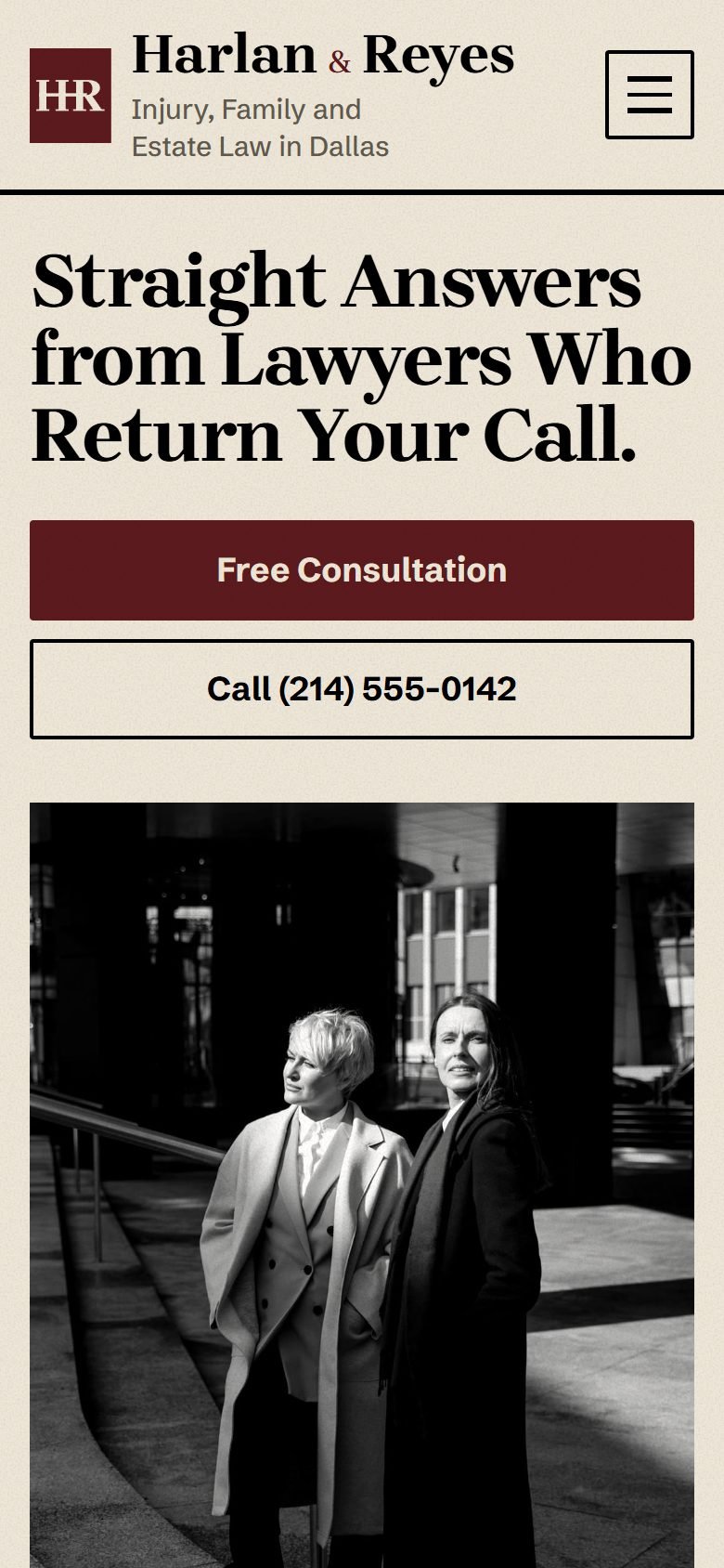 Harlan & Reyes, a demo site, at phone size.