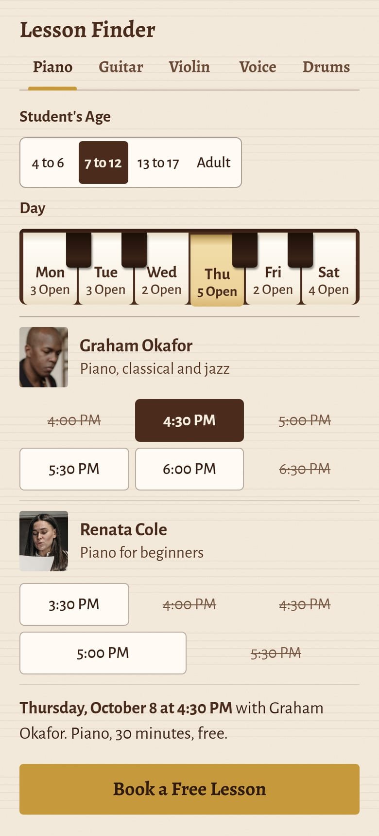 The Lesson Finder on Westside Music Academy’s site, at phone size.