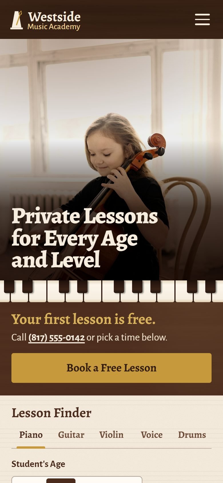 Westside Music Academy, a demo site, at phone size.