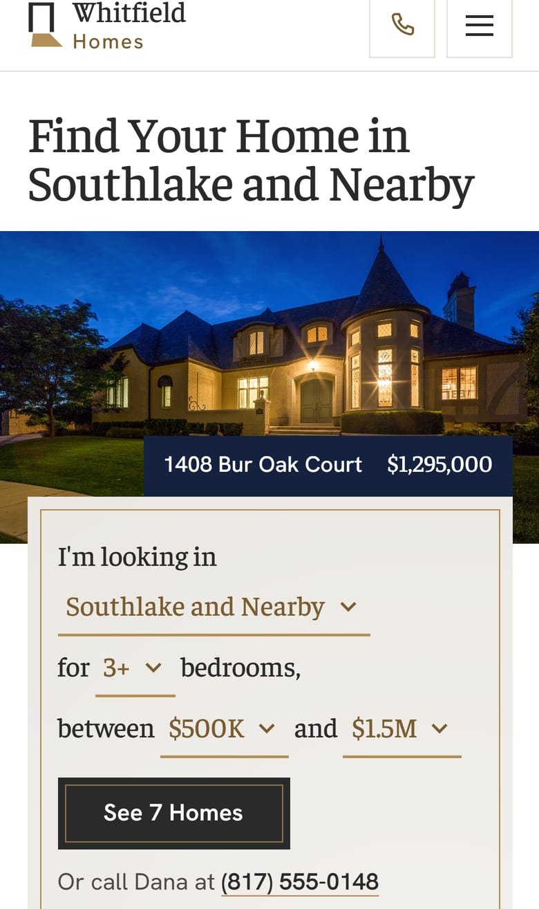 The Home Search on Whitfield Homes’ site, at phone size.