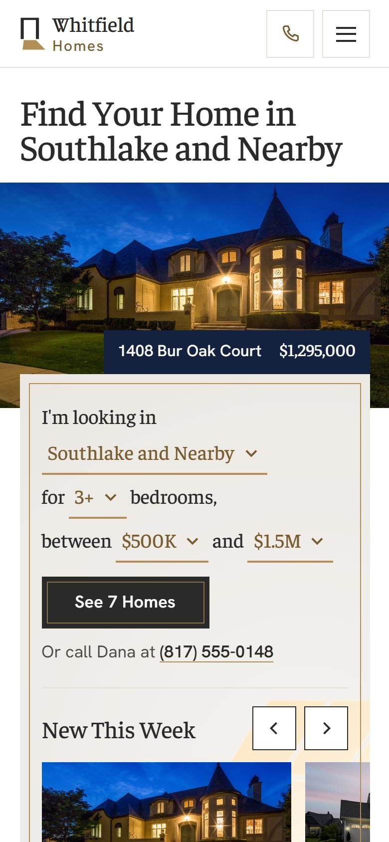 Whitfield Homes, a demo site, at phone size.