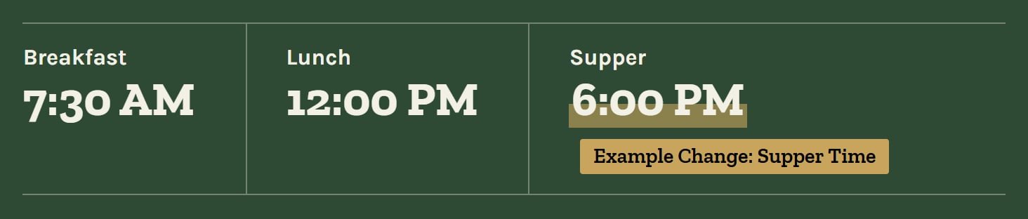 Pine Lake Retreat Center, after the change: The meal times show supper at 6:00 PM instead of 5:30 PM.