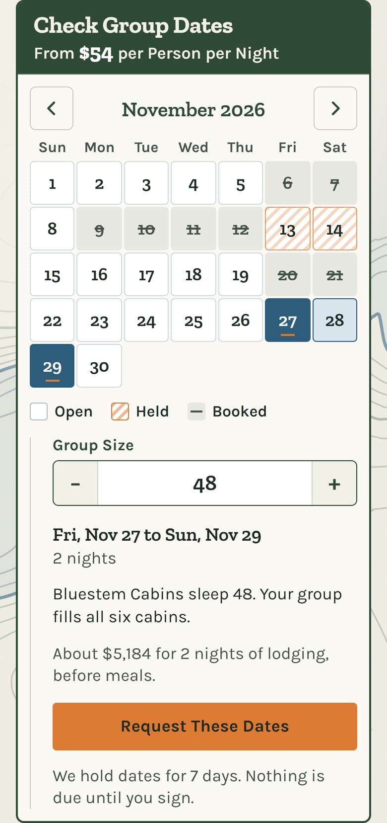 The Availability Calendar on Pine Lake Retreat Center’s site, at phone size.