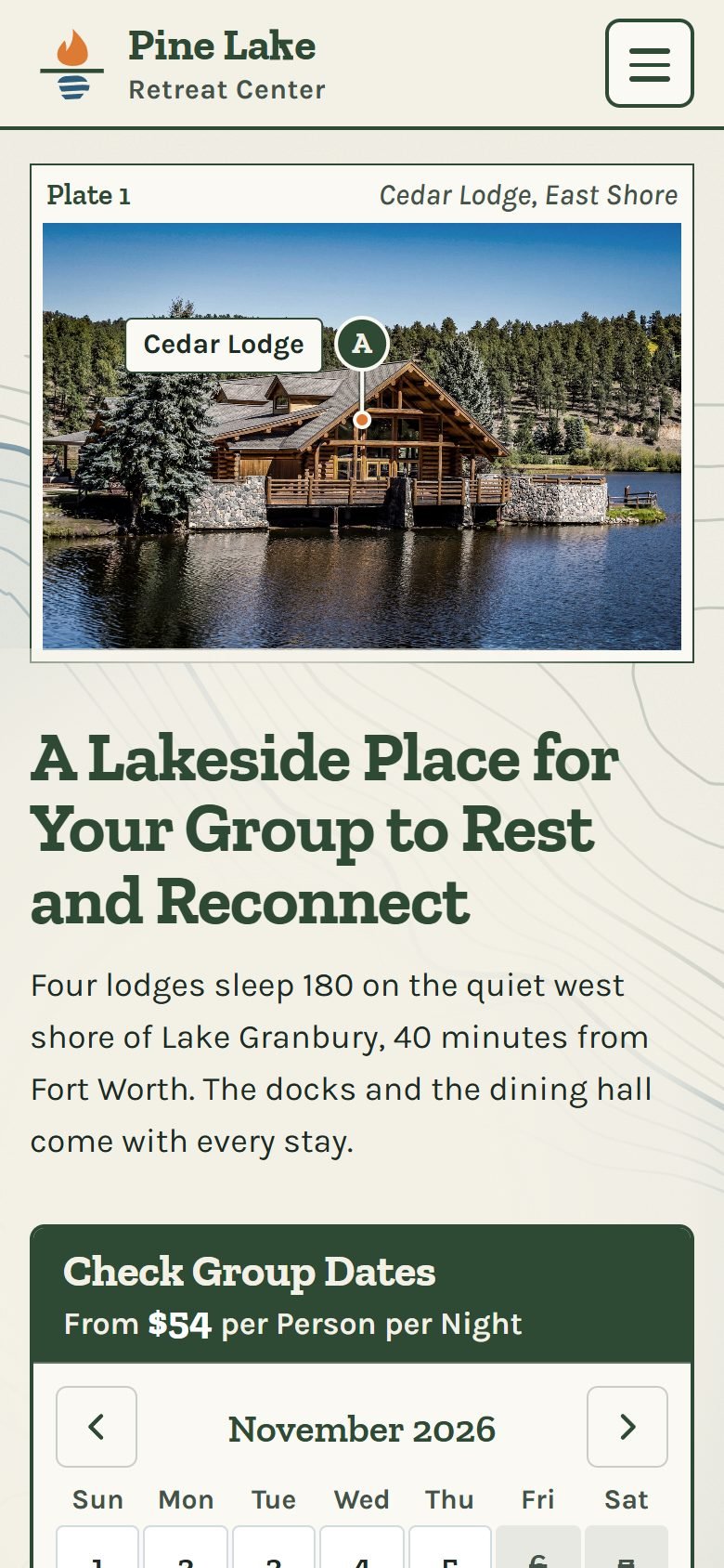 Pine Lake Retreat Center, a demo site, at phone size.