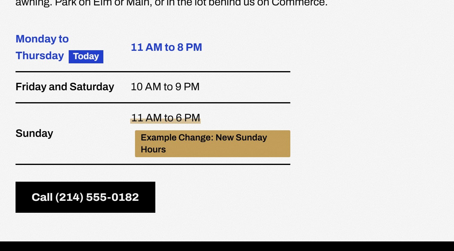 Field Day, after the change: The Sunday line in the shop hours opens at 11 AM instead of noon.