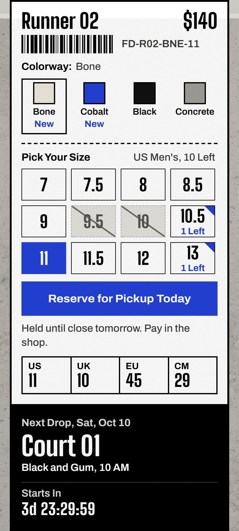 The Pick Your Size on Field Day’s site, at phone size.